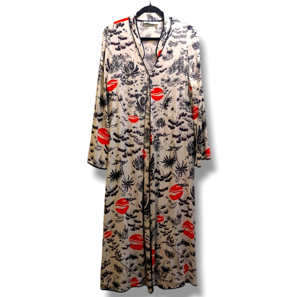 RIXO Cindy Printed Crepe Black Cream Red Button Front Long Sleeve Midi Dress- L